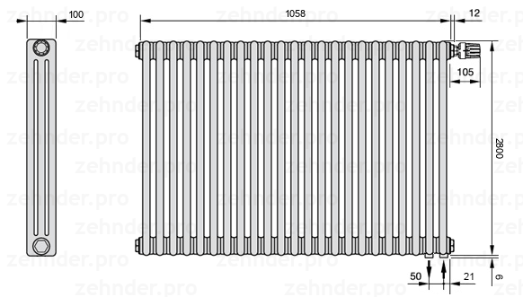 Схема (чертеж) Радиатор Zehnder Charleston 3280/23 №V002 Белый глянцевый RAL 9016